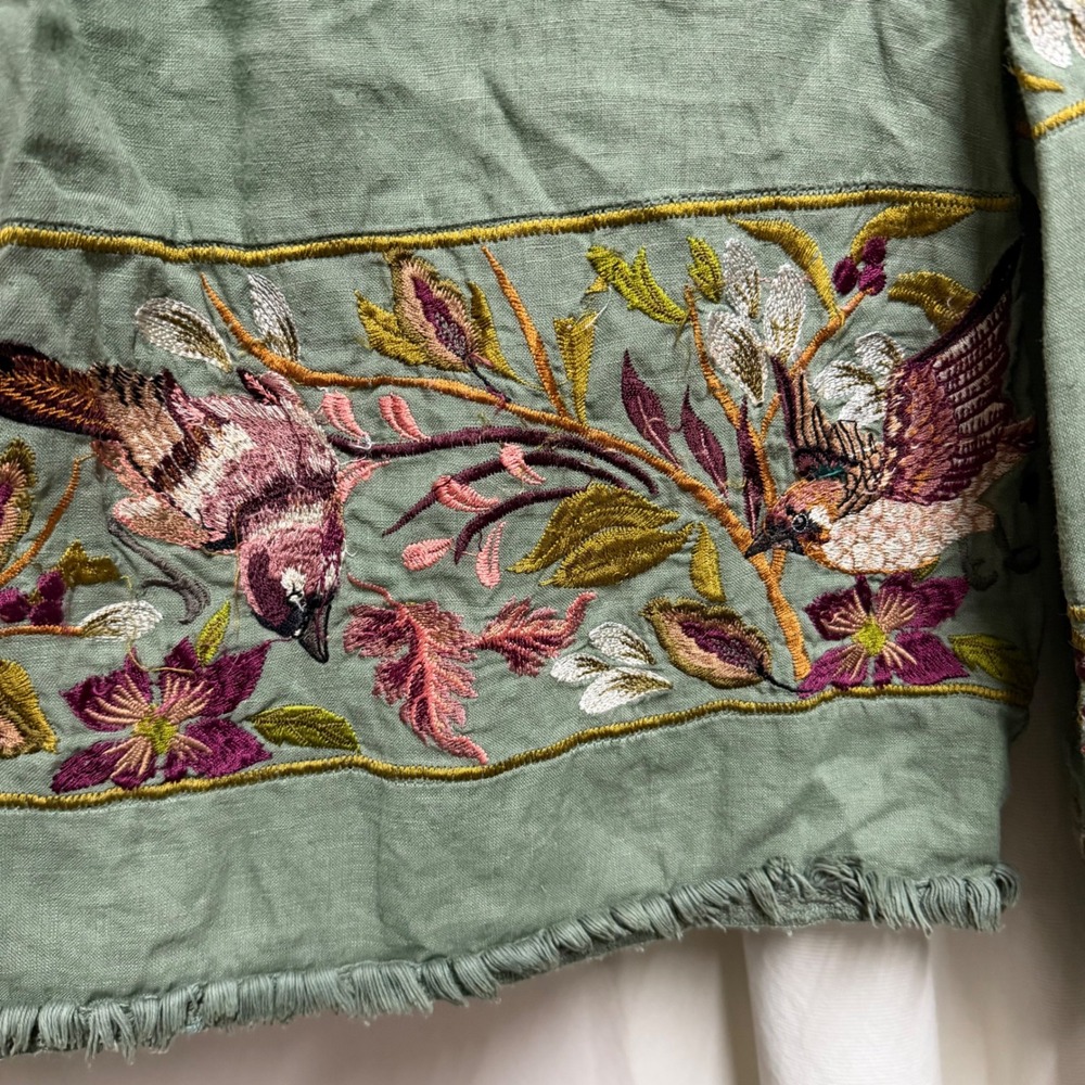Sundance Womens Sage Green Embroidered Bird Floral Linen Peasant Blouse Small - Picture 5 of 11